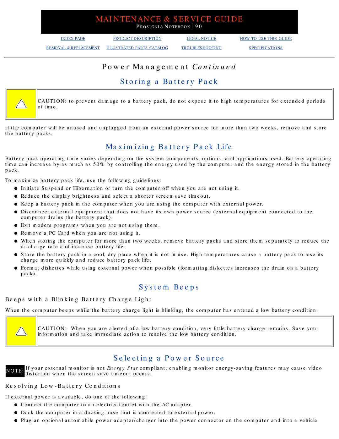 Compaq 190 manual Storing a Battery Pack, Maximizing Battery Pack Life, System Beeps, Selecting a Power Source 