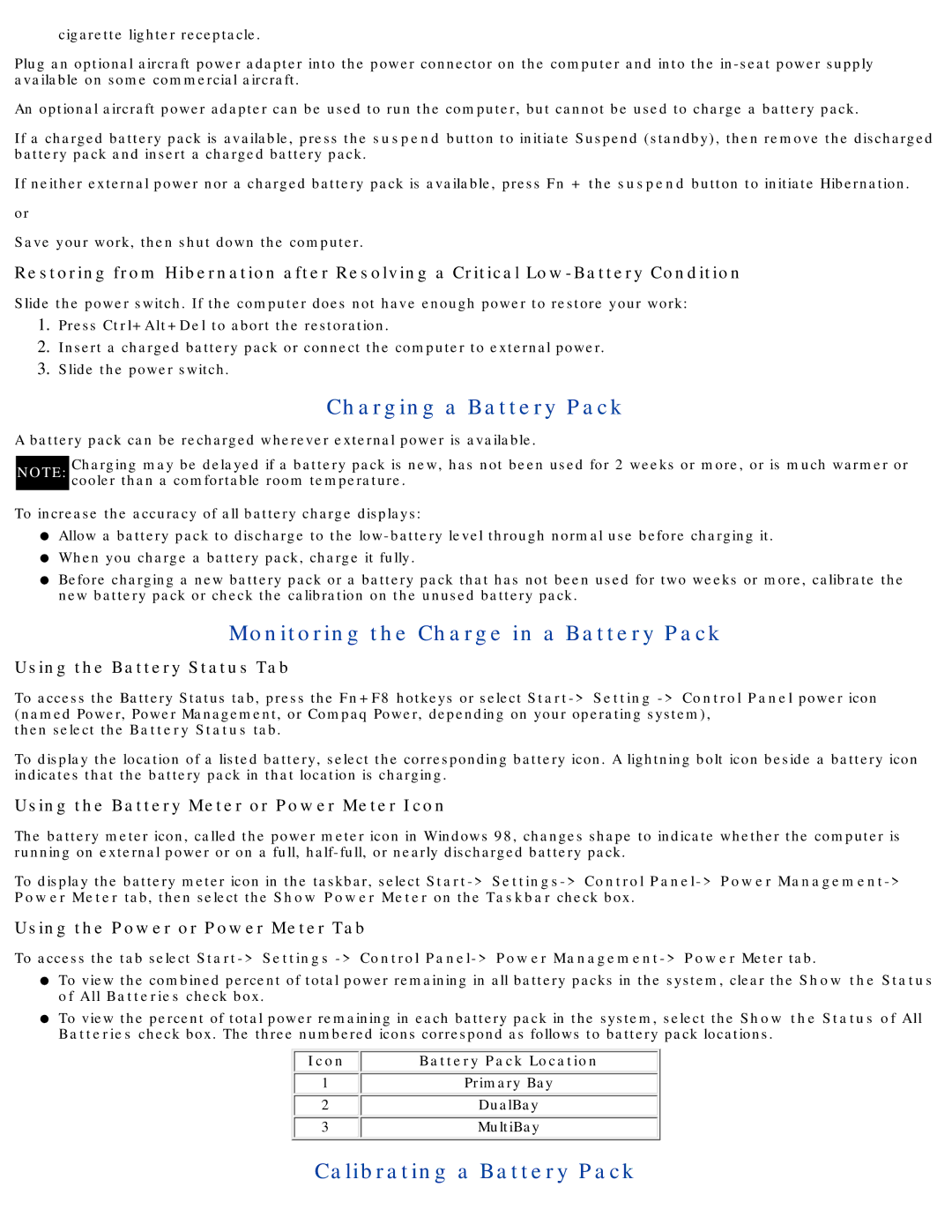 Compaq 190 manual Charging a Battery Pack, Monitoring the Charge in a Battery Pack, Calibrating a Battery Pack 
