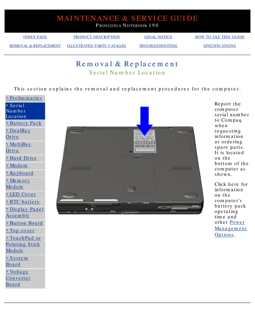 Compaq 190 manual Serial Number Location 