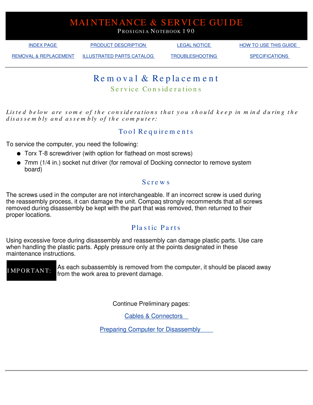 Compaq 190 manual Service Considerations, Tool Requirements, Screws, Plastic Parts 