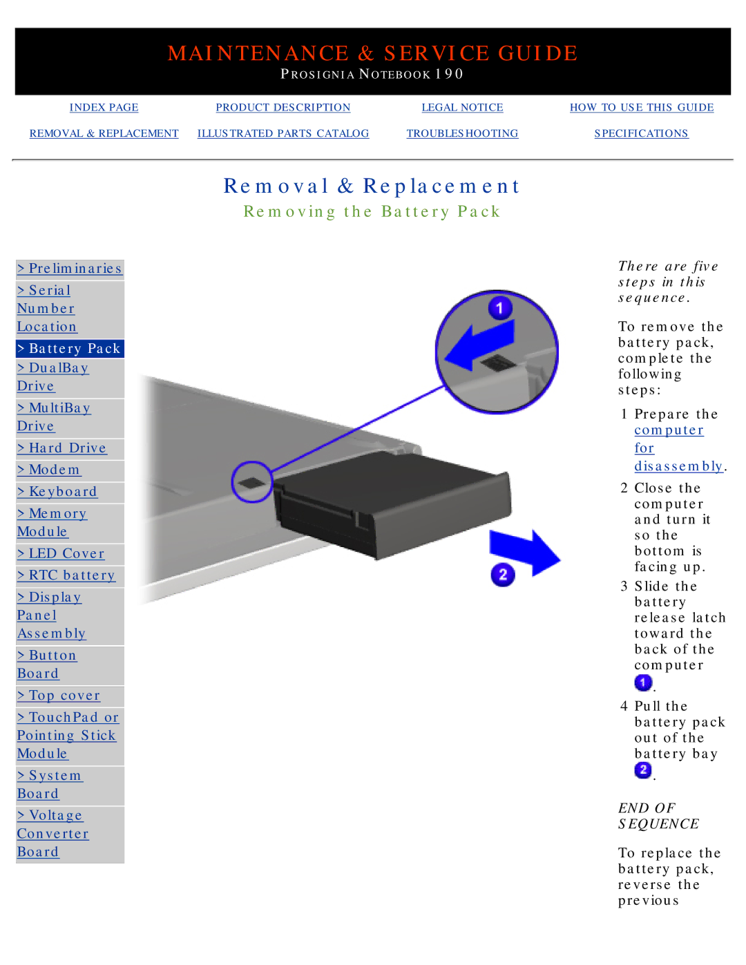 Compaq 190 manual Removing the Battery Pack 