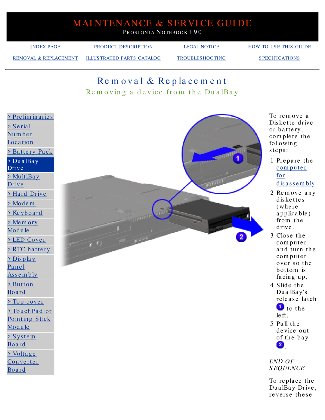 Compaq 190 manual Removing a device from the DualBay, DualBay Drive 