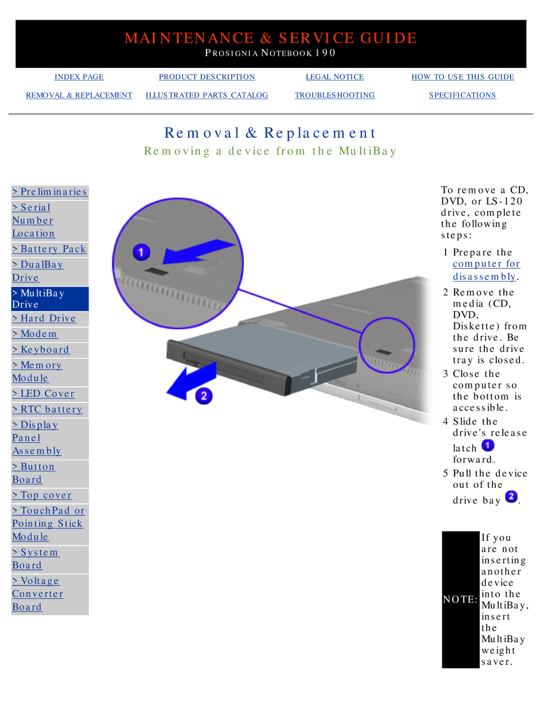 Compaq 190 manual Removal & Replacement, MultiBay Drive 