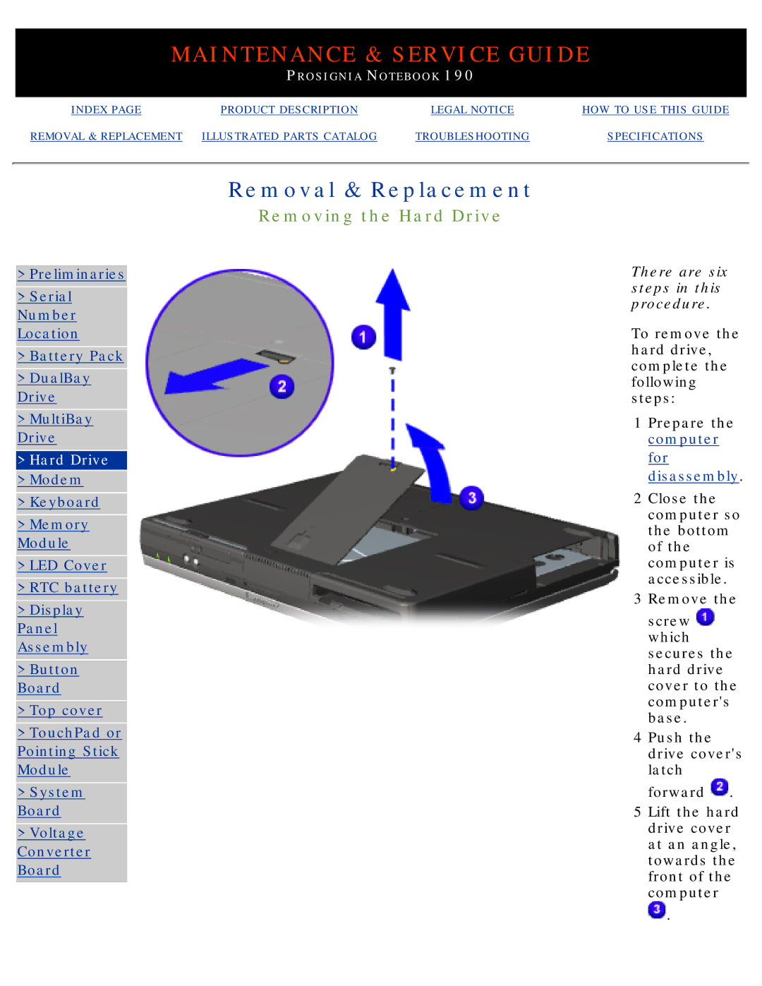 Compaq 190 manual Removing the Hard Drive 