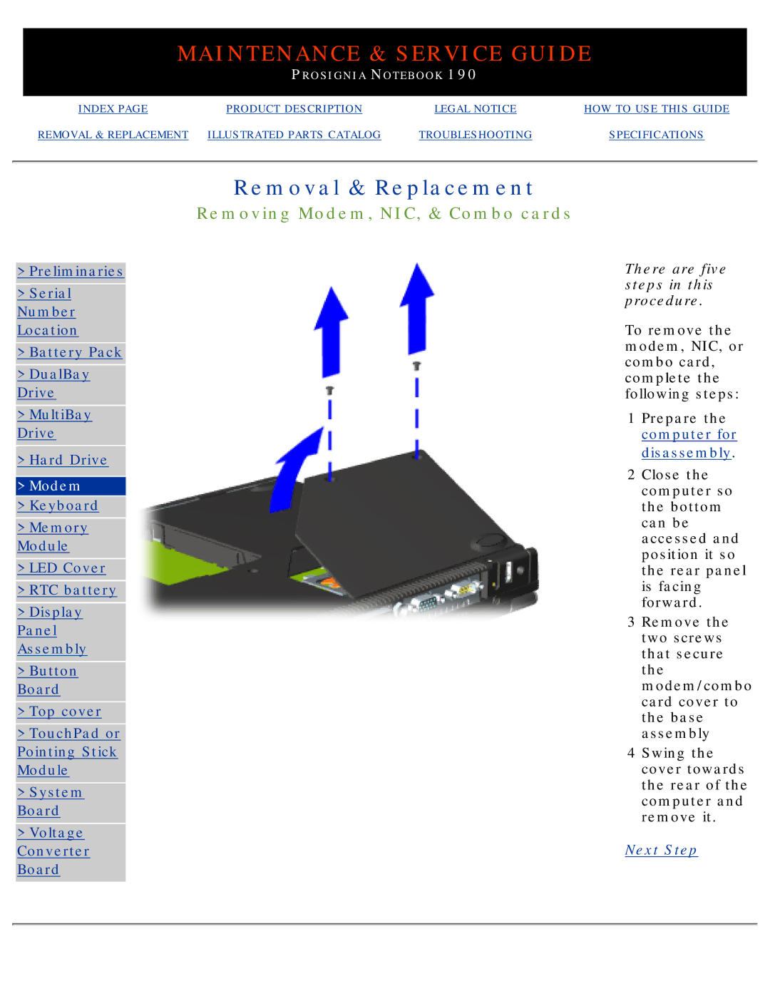 Compaq 190 manual Removing Modem, NIC, & Combo cards 