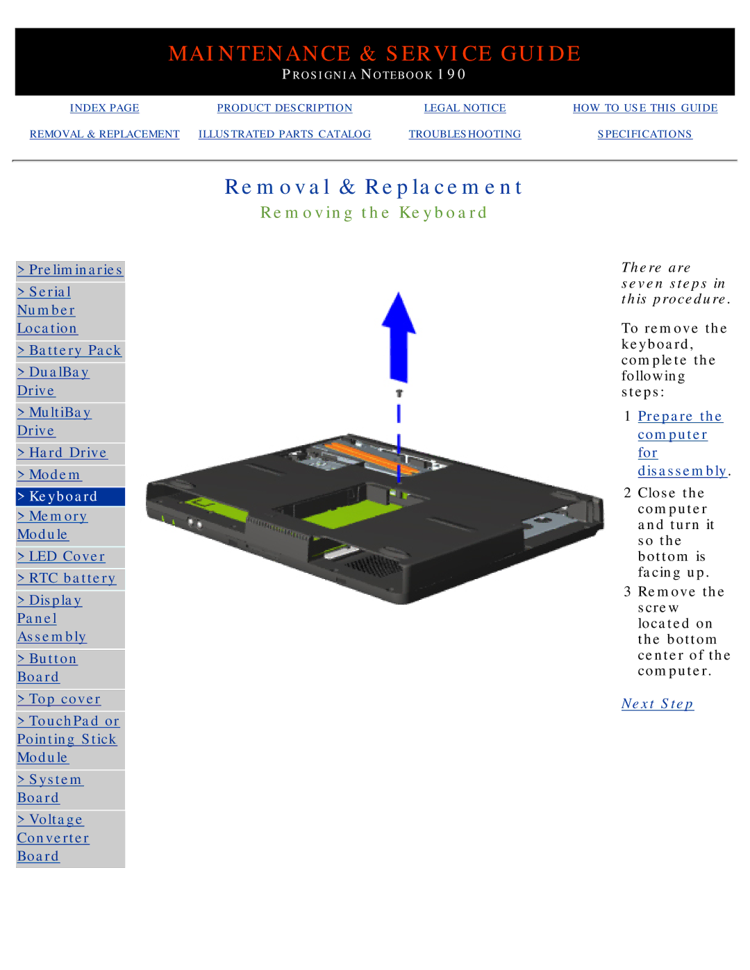 Compaq 190 manual Removing the Keyboard 