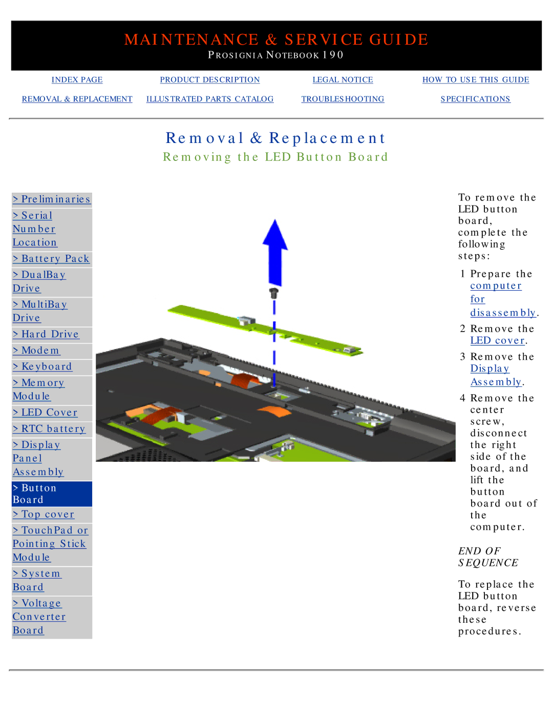 Compaq 190 manual Removing the LED Button Board 
