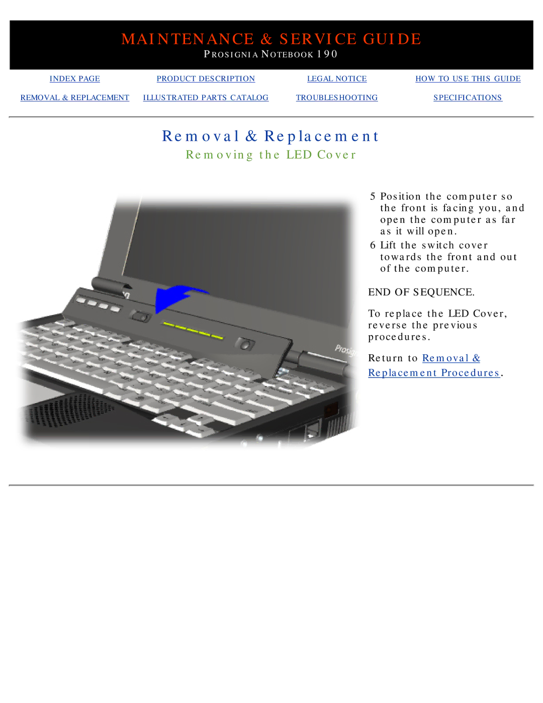 Compaq 190 manual Removing the LED Cover, END of Sequence 