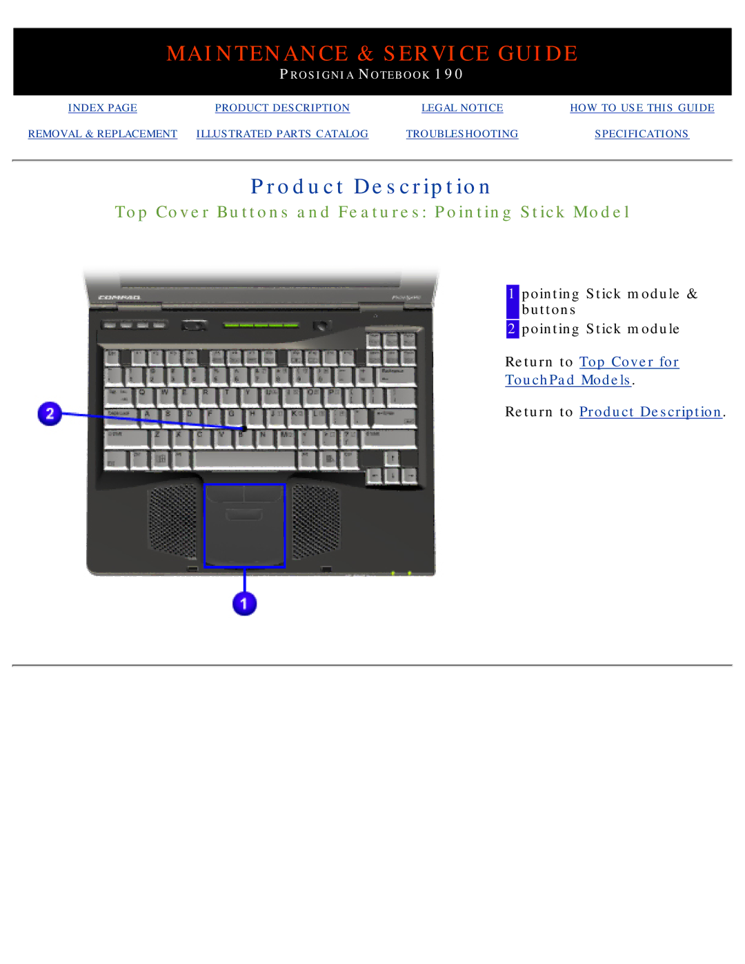 Compaq 190 manual Product Description, Top Cover Buttons and Features Pointing Stick Model 