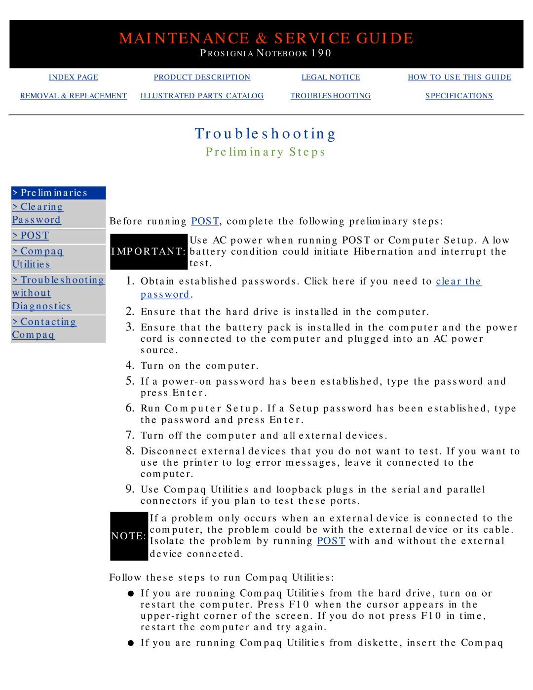 Compaq 190 manual Preliminary Steps, Preliminaries 