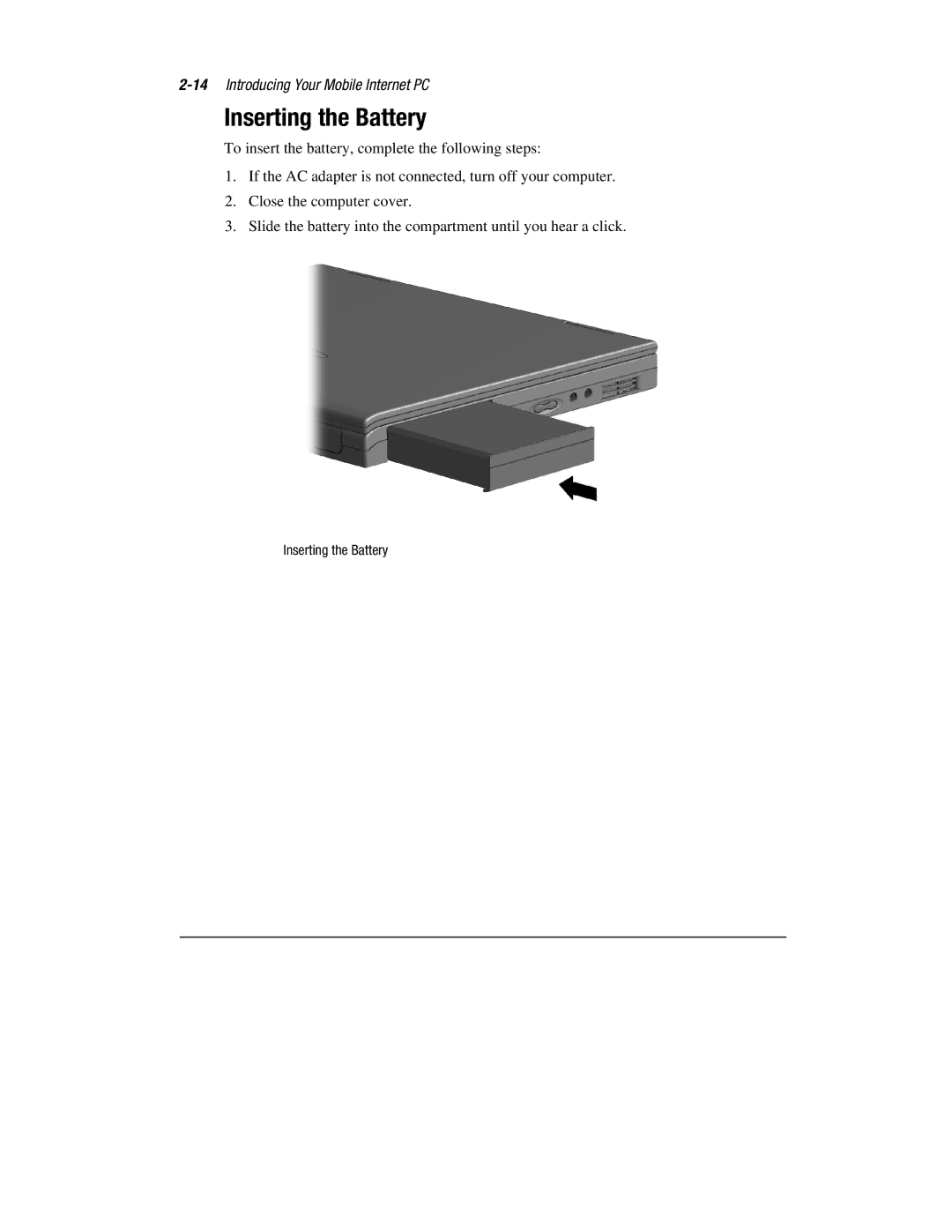 Compaq 1900 manual Inserting the Battery 