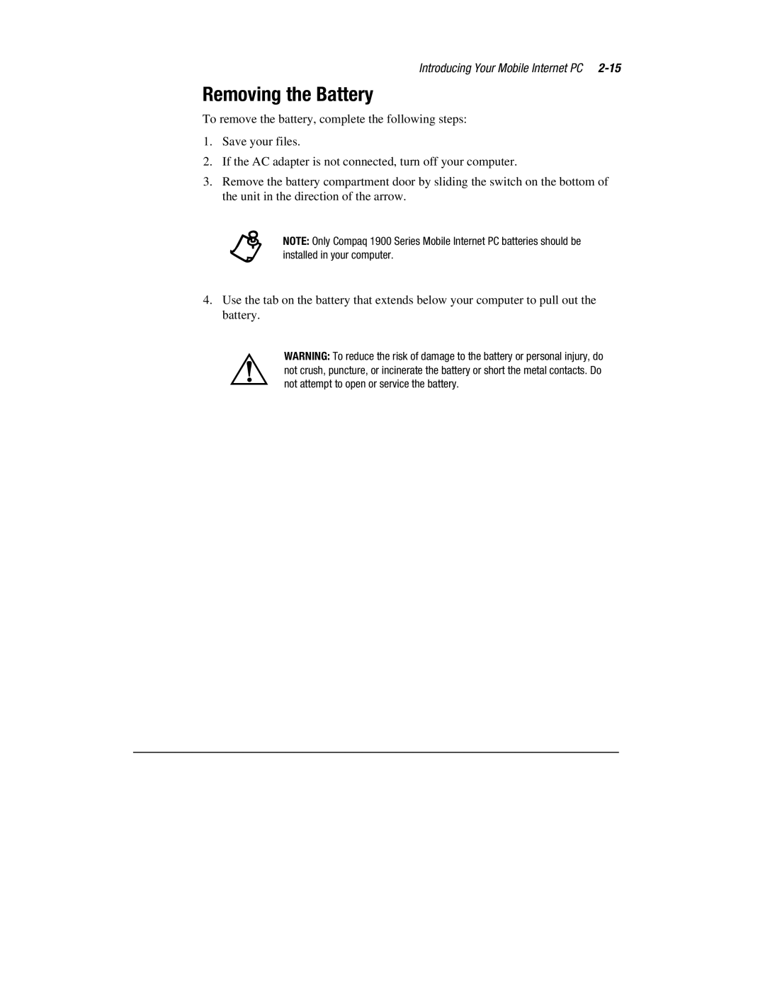 Compaq 1900 manual Removing the Battery 