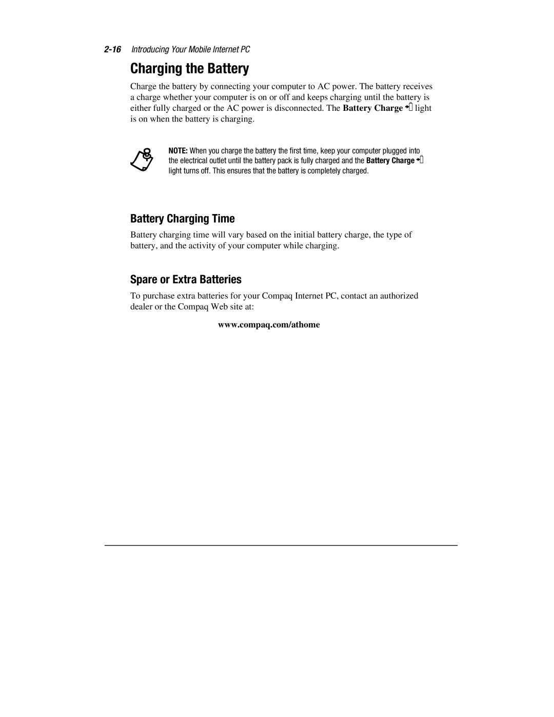 Compaq 1900 manual Charging the Battery, Battery Charging Time, Spare or Extra Batteries 