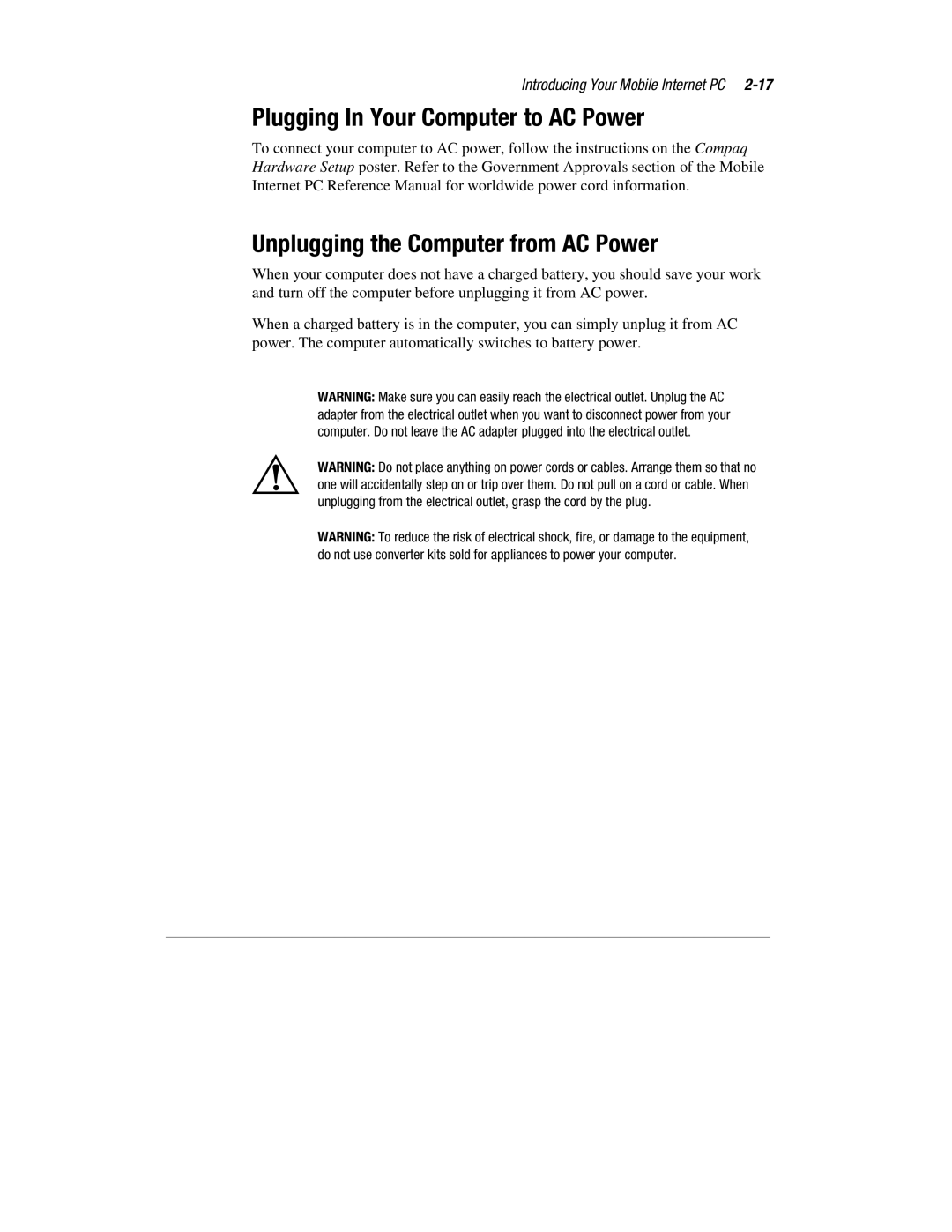 Compaq 1900 manual Plugging In Your Computer to AC Power, Unplugging the Computer from AC Power 