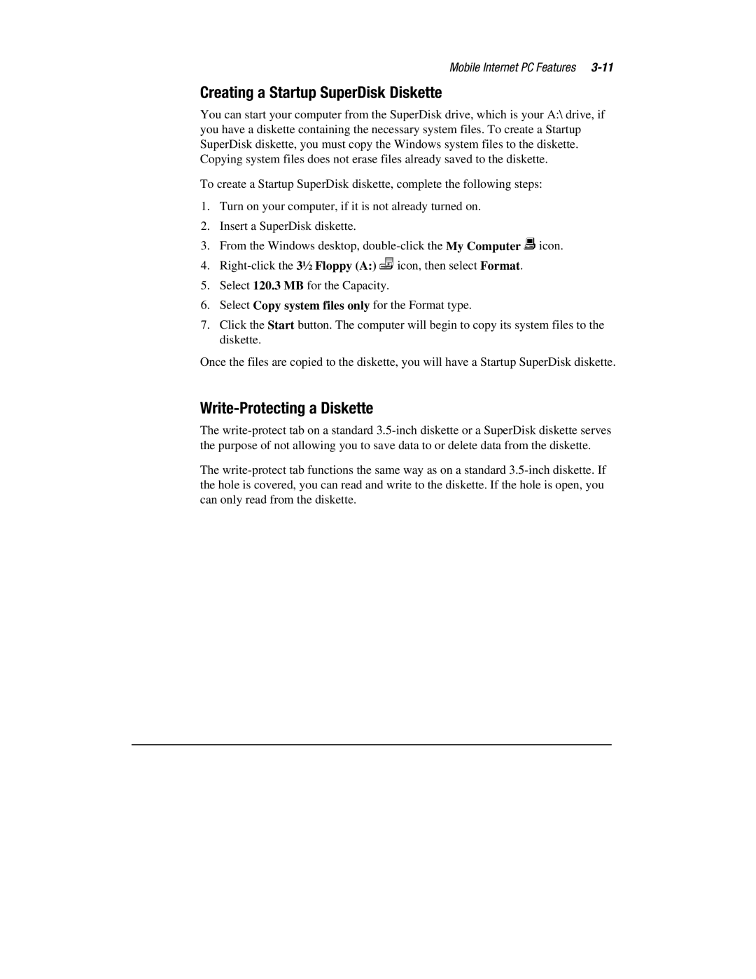 Compaq 1900 manual Creating a Startup SuperDisk Diskette, Write-Protecting a Diskette 