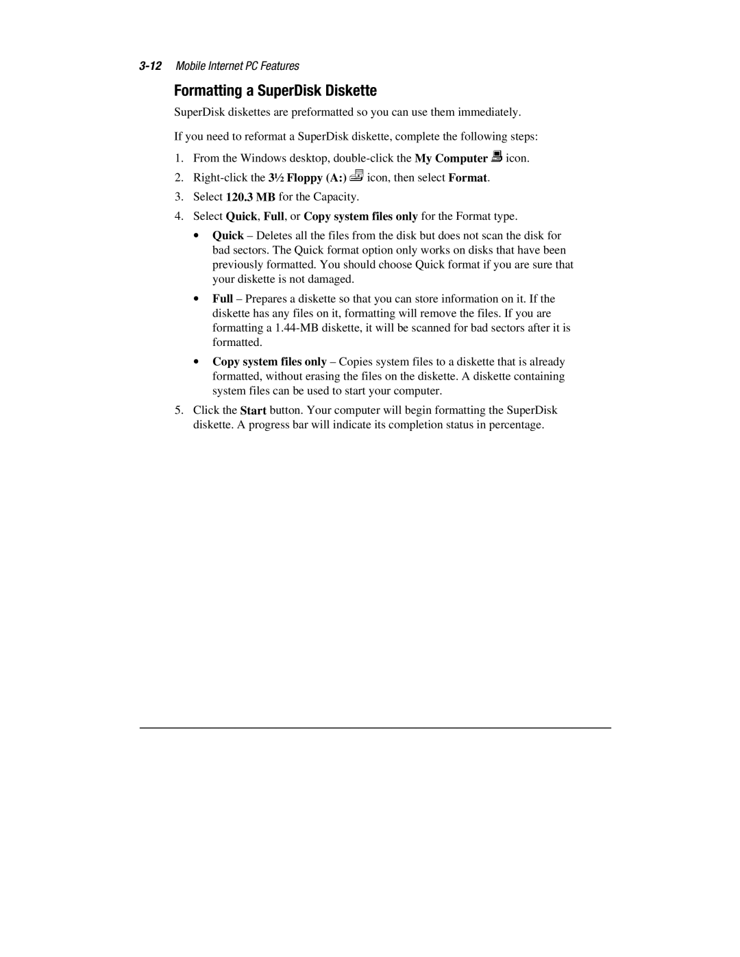 Compaq 1900 manual Formatting a SuperDisk Diskette 