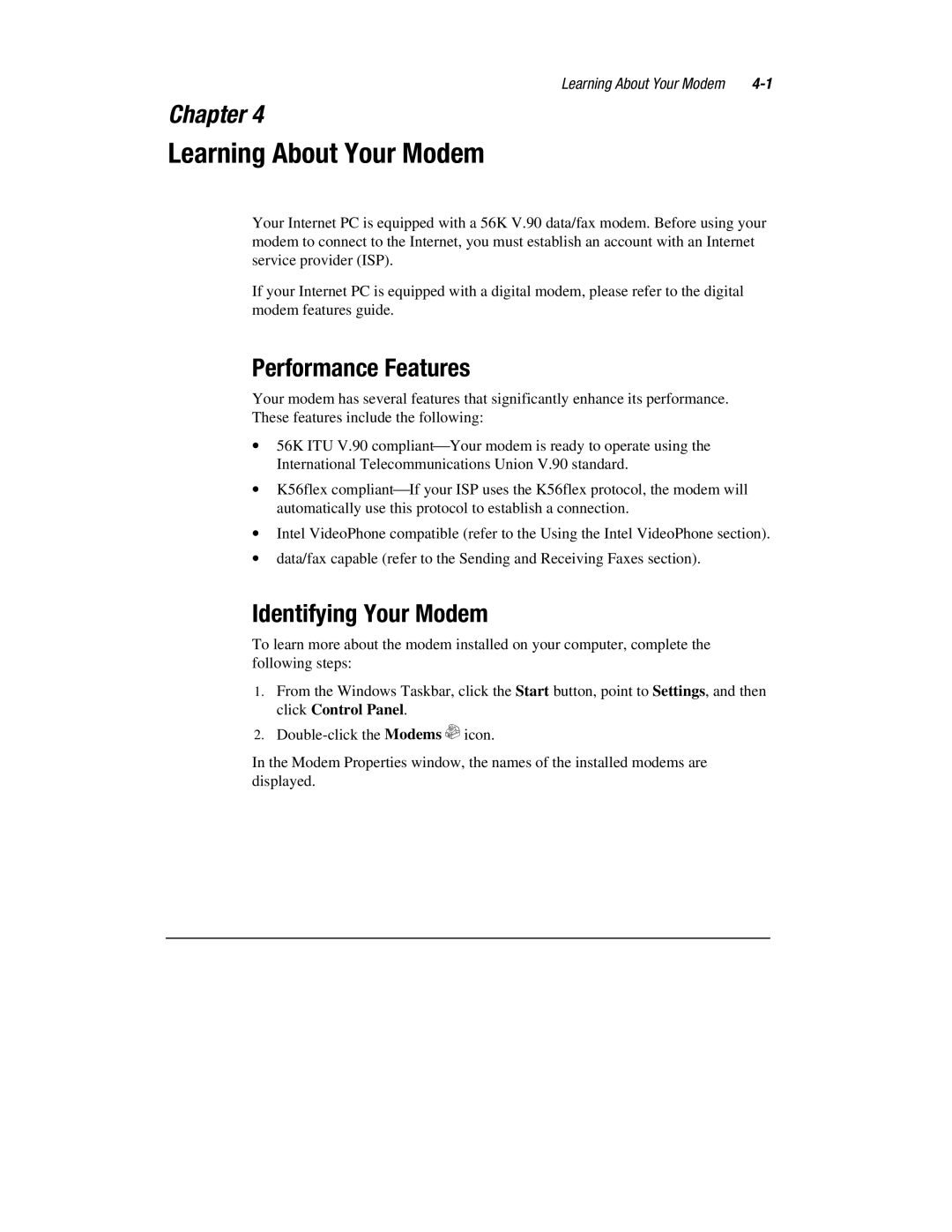 Compaq 1900 manual Learning About Your Modem, Performance Features, Identifying Your Modem 