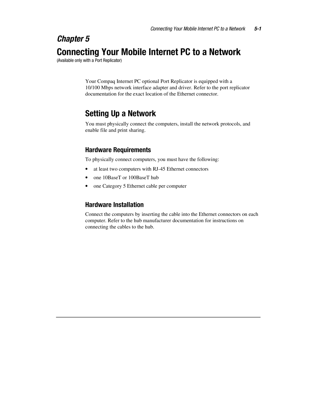 Compaq 1900 manual Connecting Your Mobile Internet PC to a Network, Setting Up a Network, Hardware Requirements 