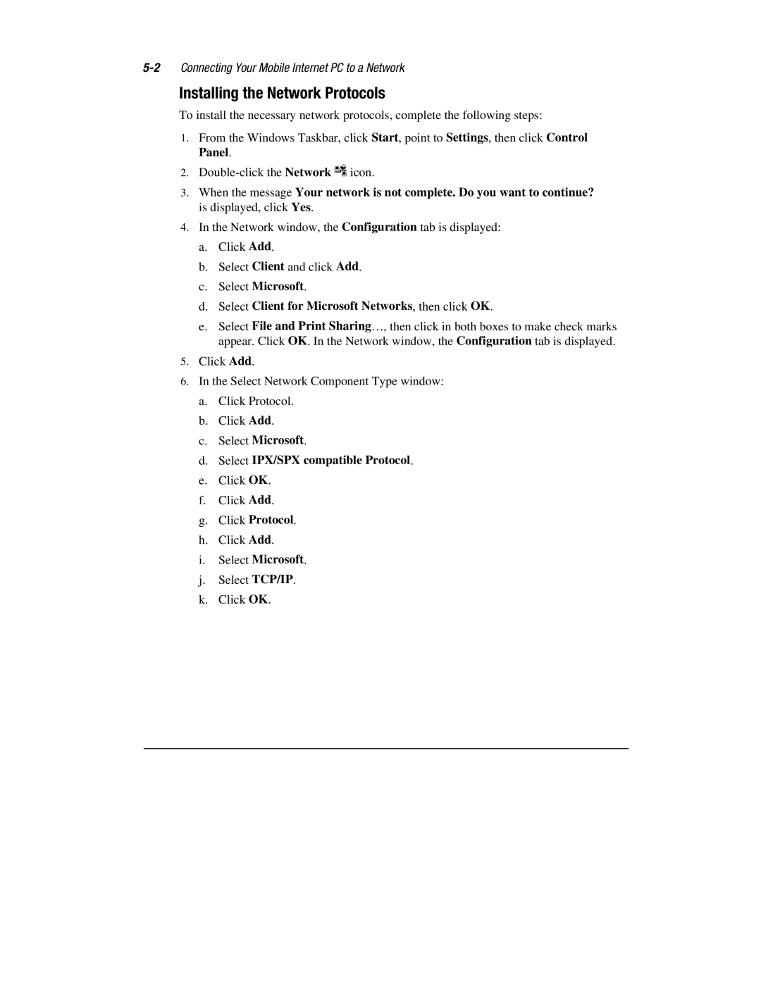 Compaq 1900 manual Installing the Network Protocols, Select Microsoft 