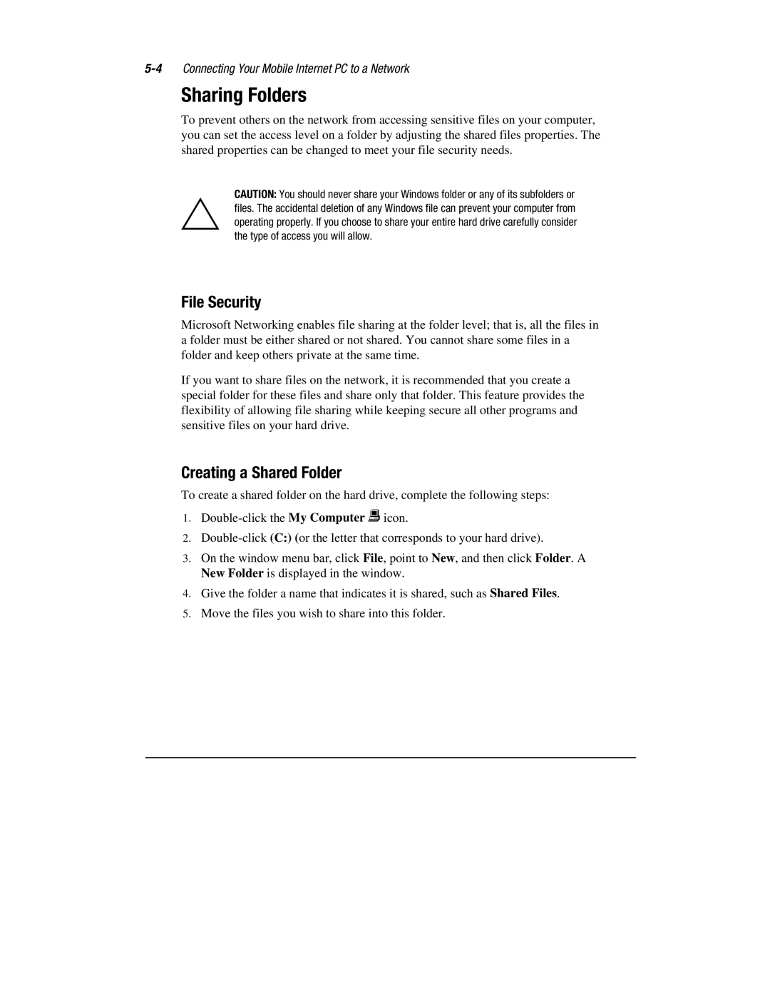 Compaq 1900 manual Sharing Folders, File Security, Creating a Shared Folder 