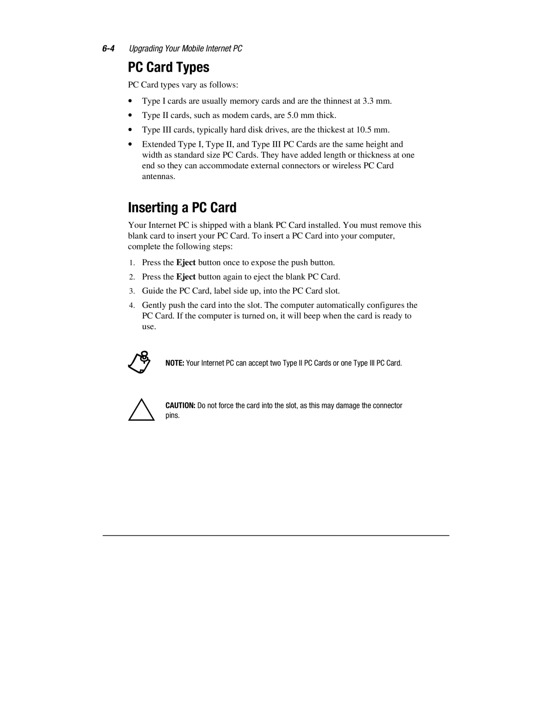 Compaq 1900 manual PC Card Types, Inserting a PC Card 