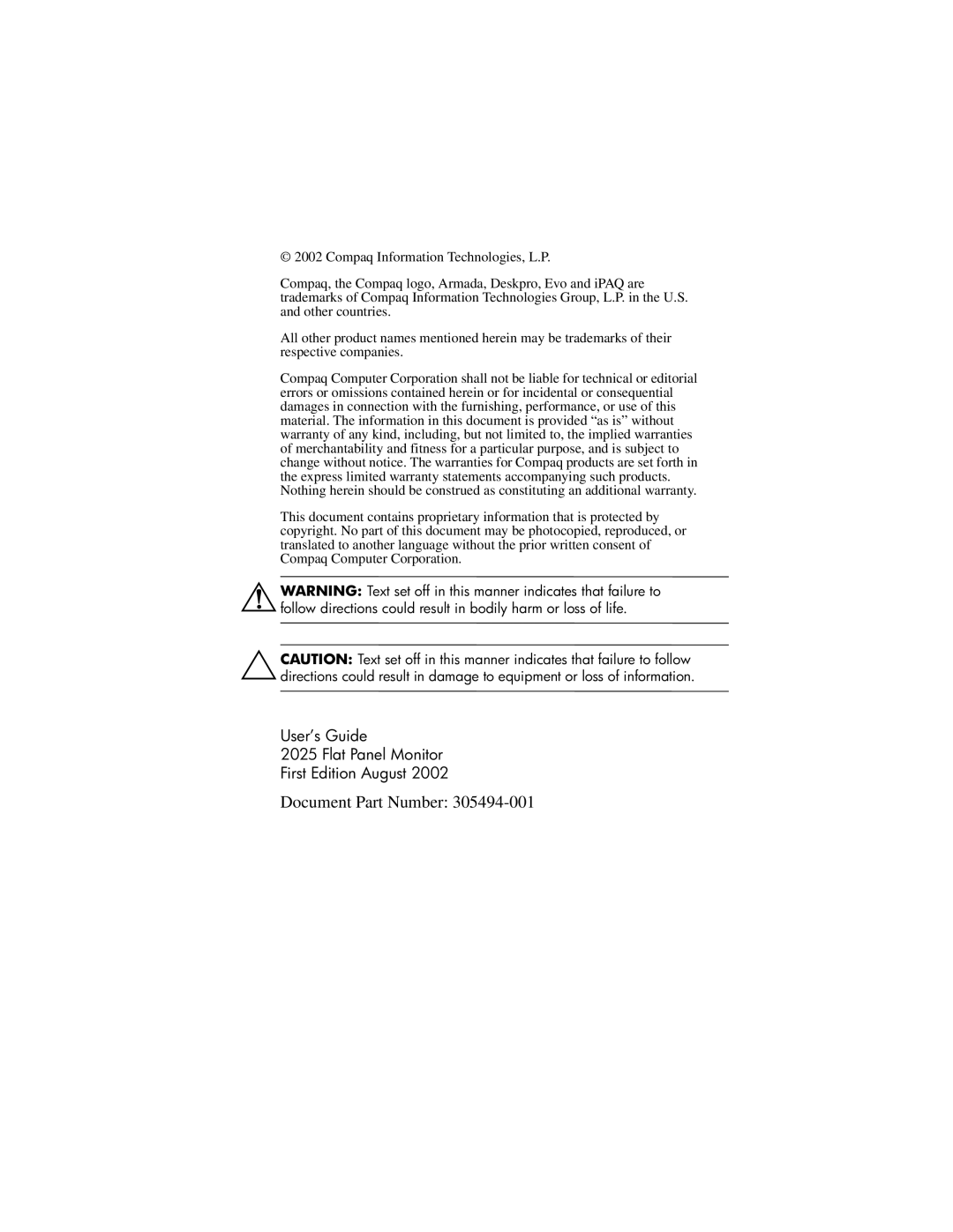 Compaq 2025 manual Document Part Number 