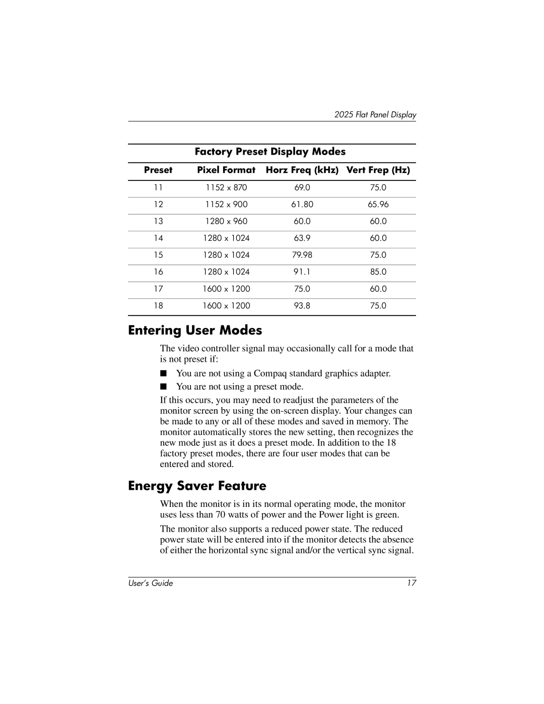 Compaq 2025 manual Entering User Modes, Energy Saver Feature 