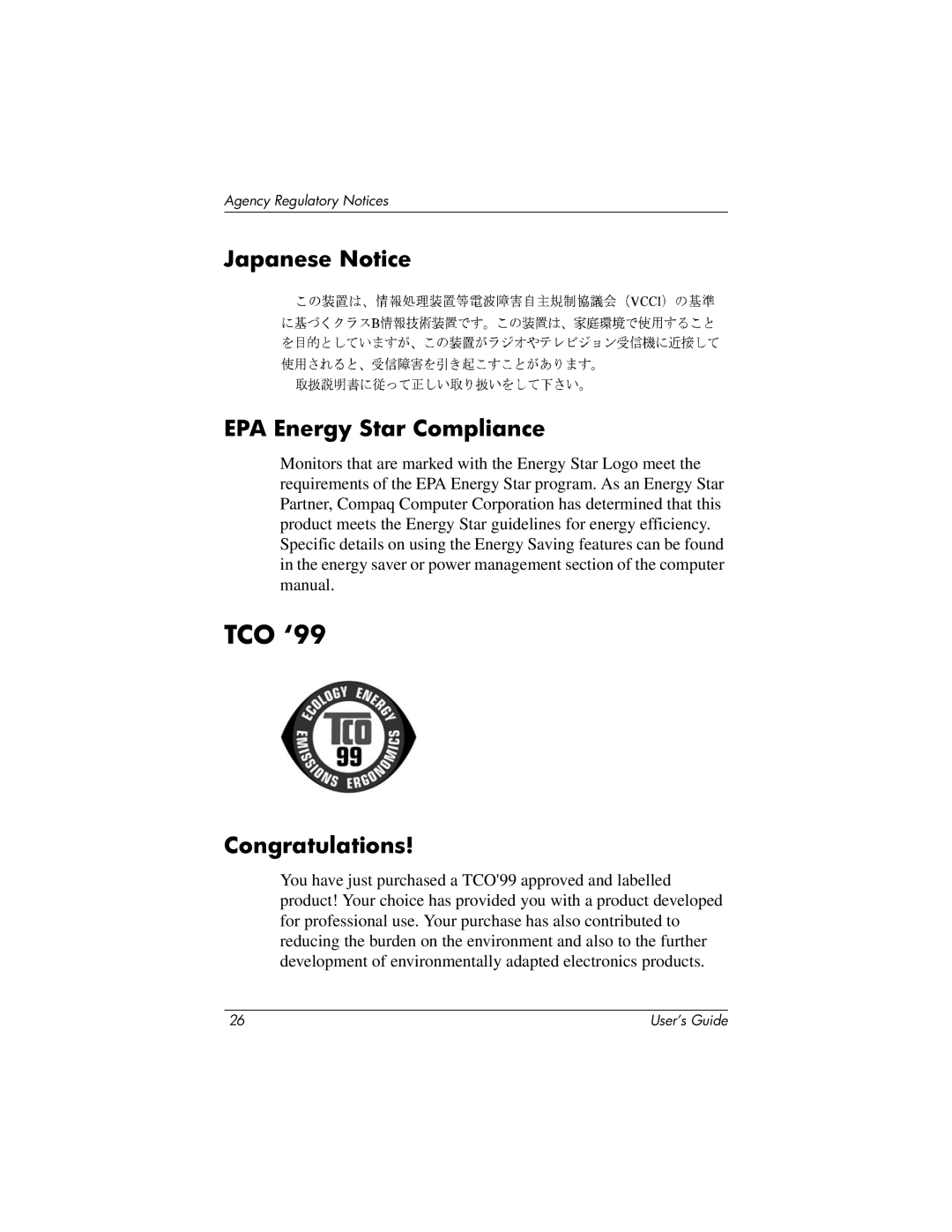 Compaq 2025 manual TCO ‘99, Japanese Notice EPA Energy Star Compliance, Congratulations 