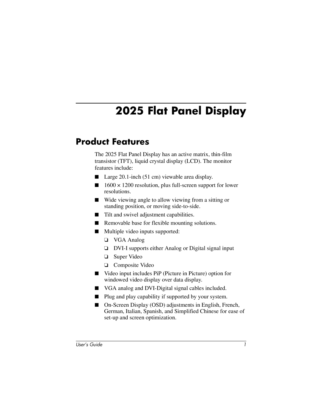 Compaq 2025 manual Flat Panel Display, Product Features 