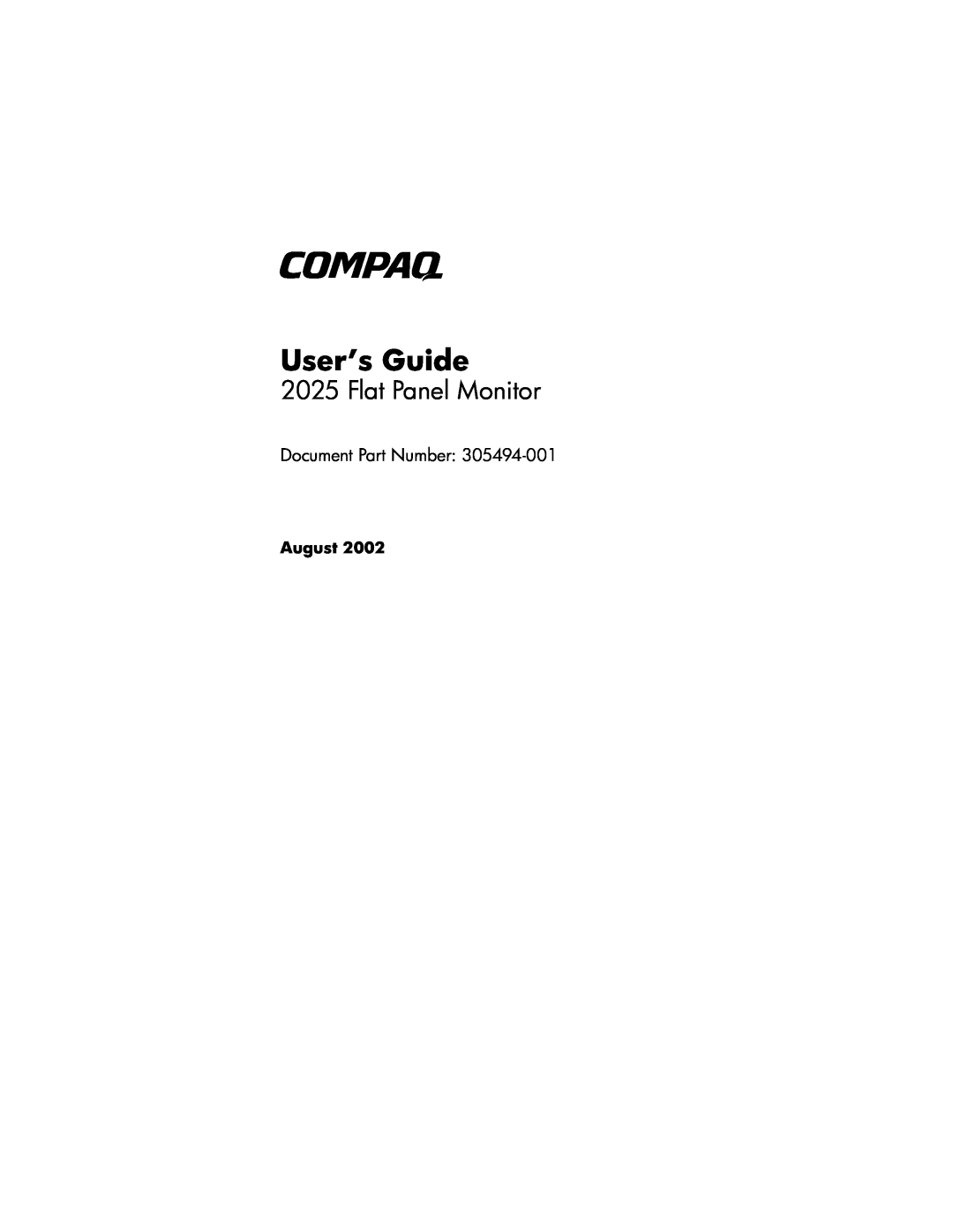 Compaq 2025 manual Flat Panel Monitor, Document Part Number, User’s Guide, August 