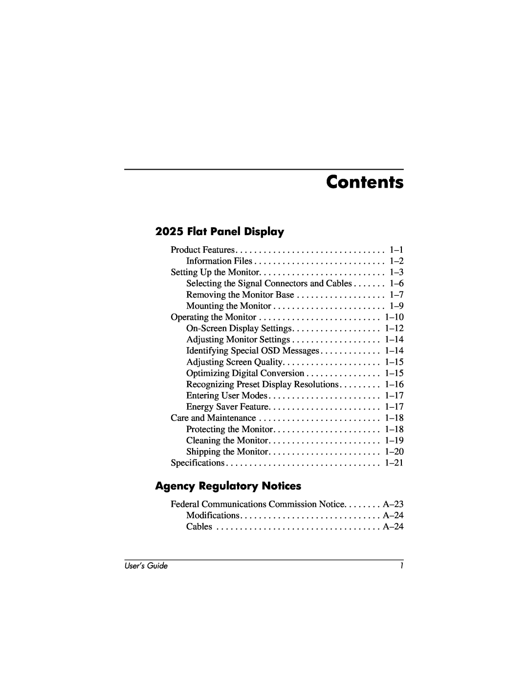 Compaq 2025 manual Contents, Flat Panel Display, Agency Regulatory Notices 