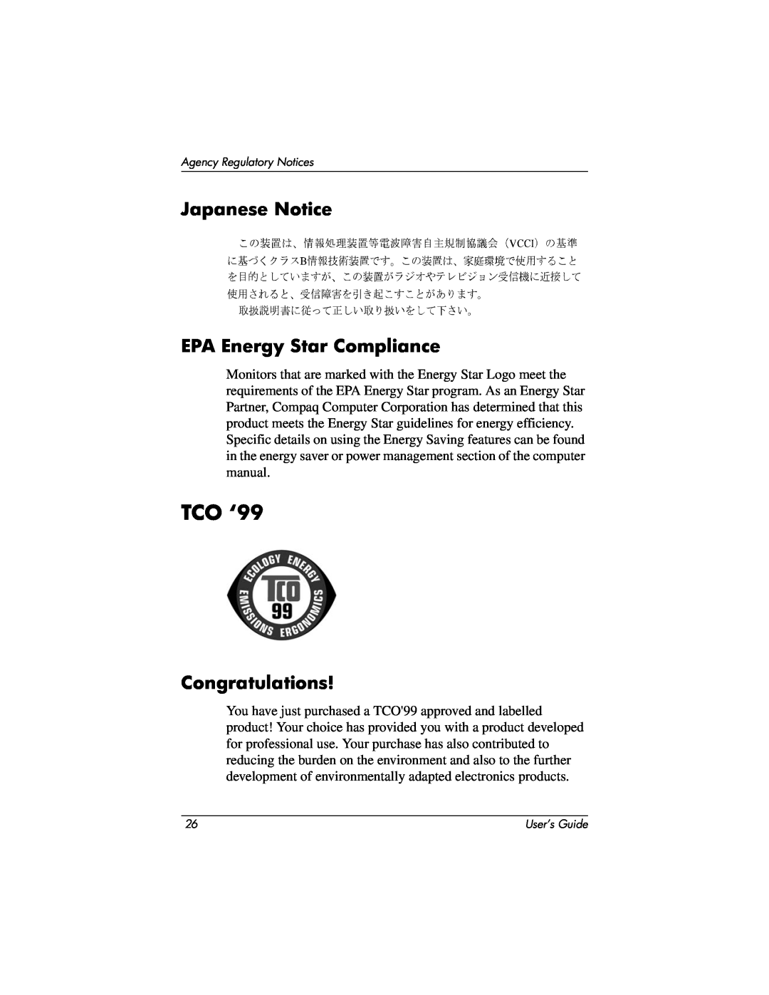 Compaq 2025 manual TCO ‘99, Japanese Notice EPA Energy Star Compliance, Congratulations 