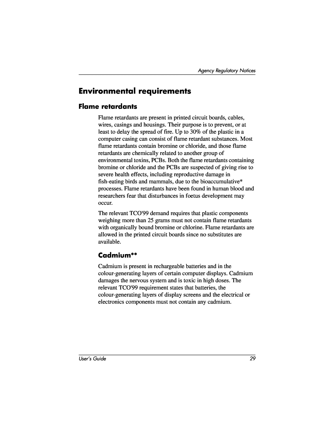 Compaq 2025 manual Environmental requirements, Flame retardants, Cadmium 