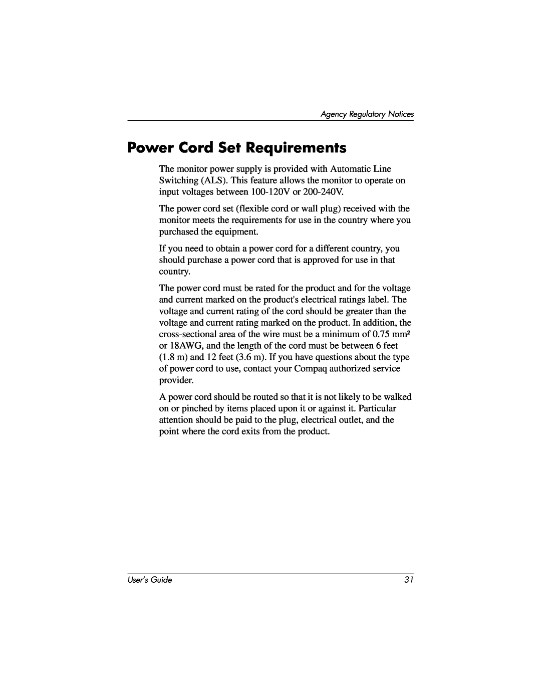 Compaq 2025 manual Power Cord Set Requirements 