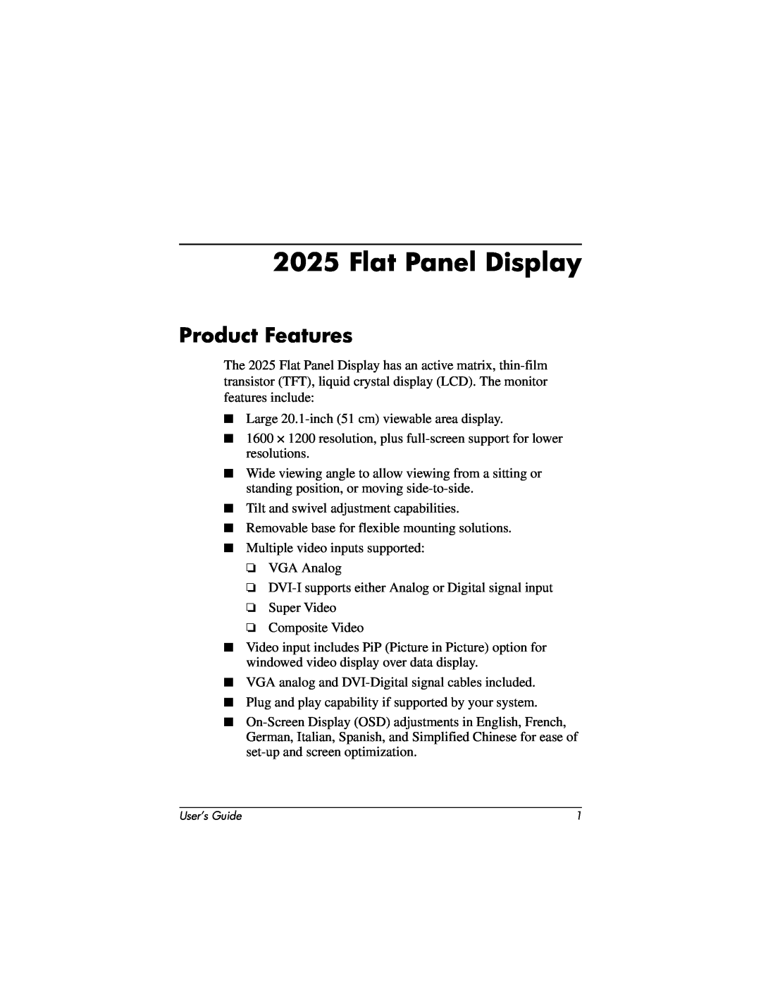 Compaq 2025 manual Flat Panel Display, Product Features 