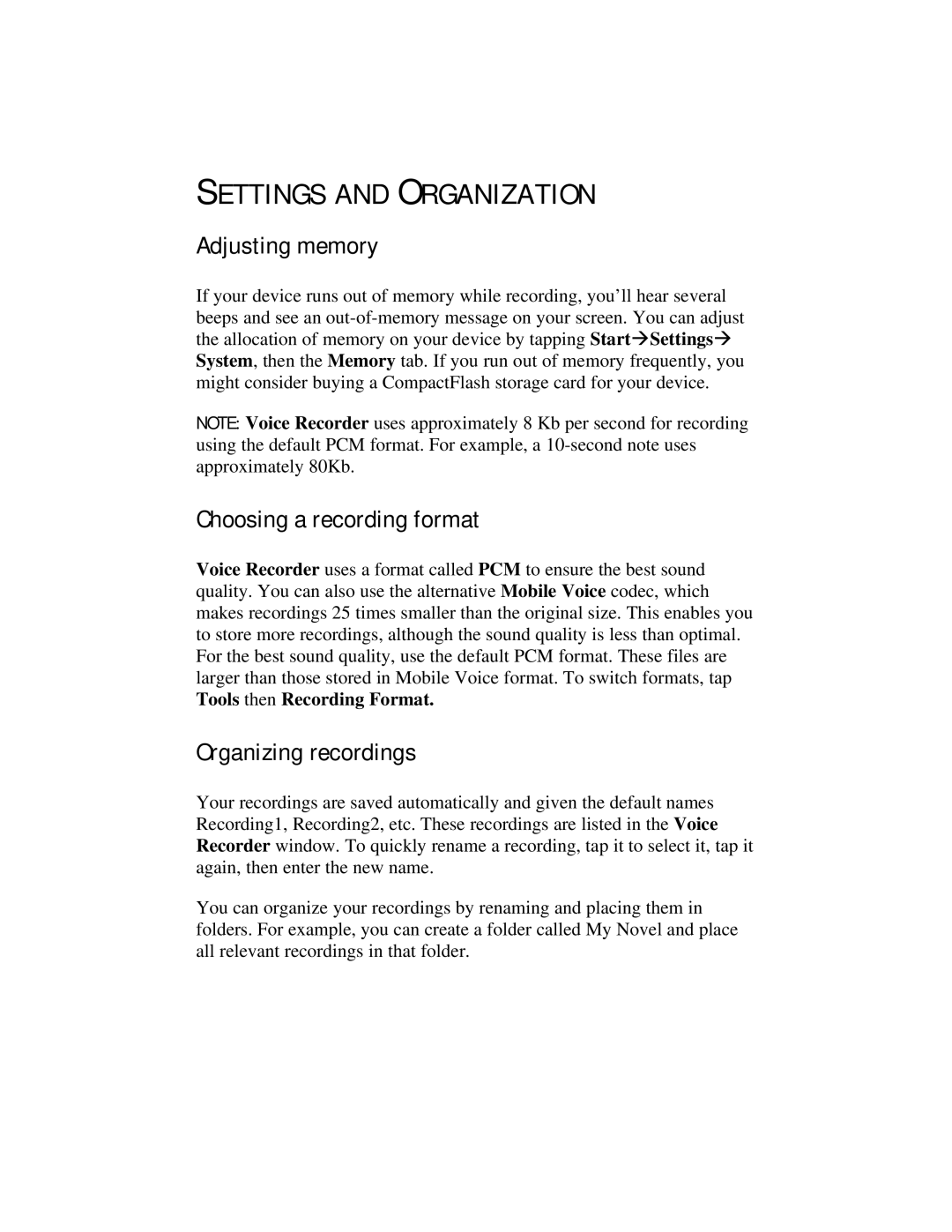 Compaq 2100 manual Settings and Organization, Adjusting memory, Choosing a recording format, Organizing recordings 