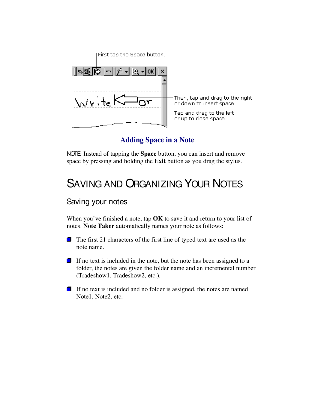 Compaq 2100 manual Saving and Organizing Your Notes, Saving your notes, Adding Space in a Note 