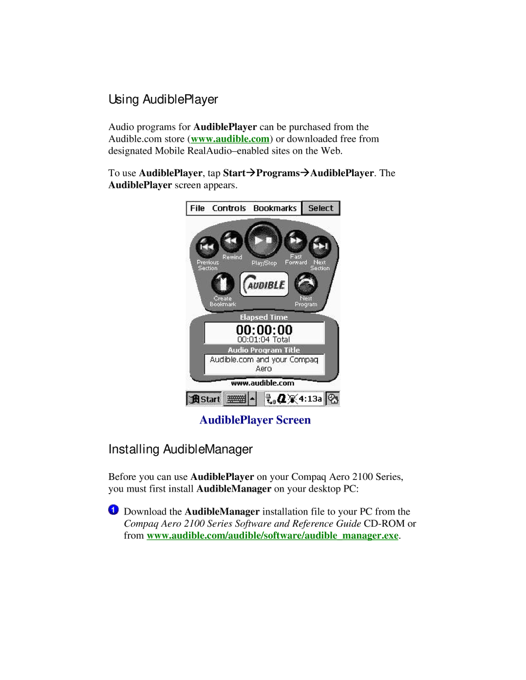 Compaq 2100 manual Using AudiblePlayer, Installing AudibleManager, AudiblePlayer Screen 