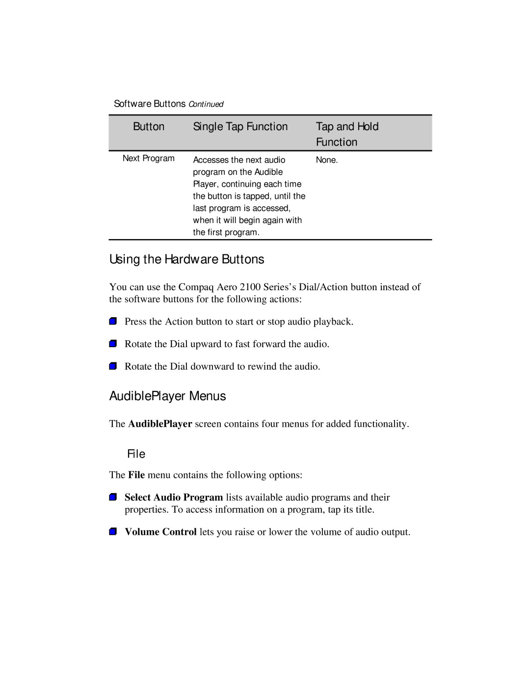 Compaq 2100 manual Using the Hardware Buttons, AudiblePlayer Menus 