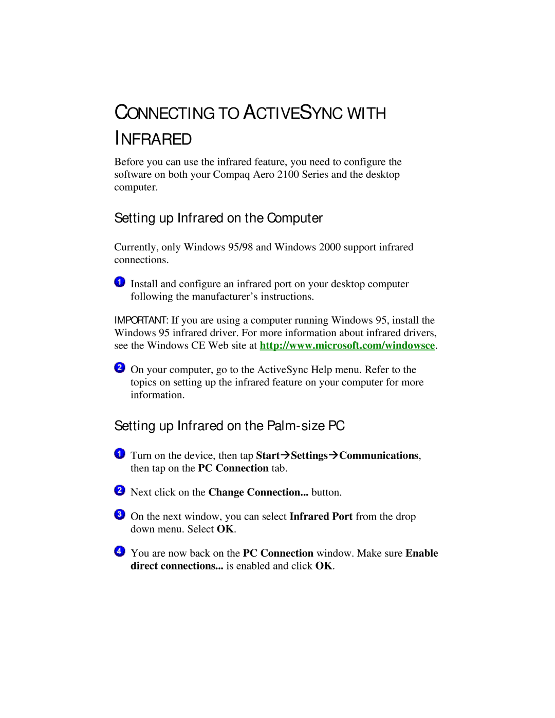 Compaq 2100 manual Connecting to Activesync with Infrared, Setting up Infrared on the Computer 