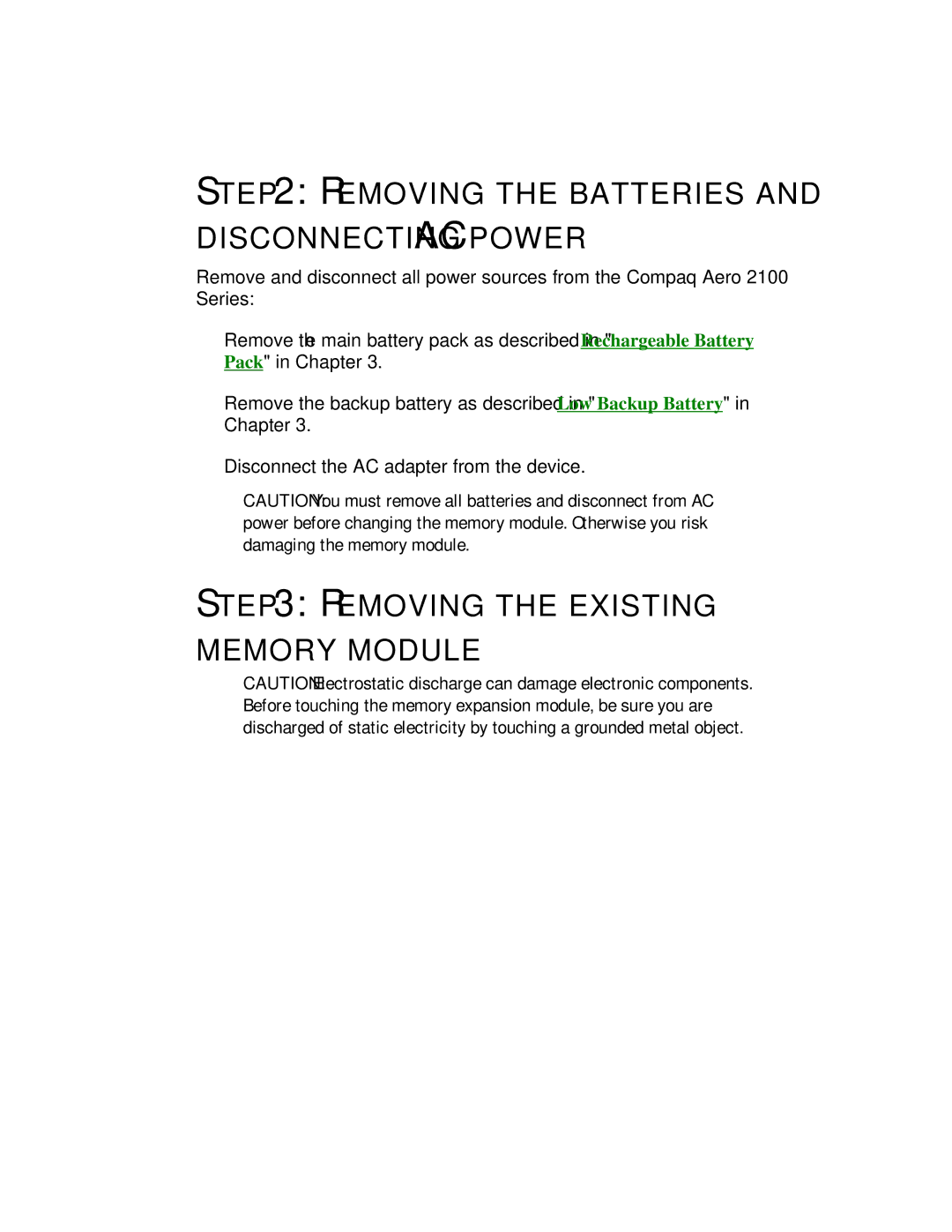 Compaq 2100 manual Removing the Batteries Disconnecting AC Power, Removing the Existing Memory Module 