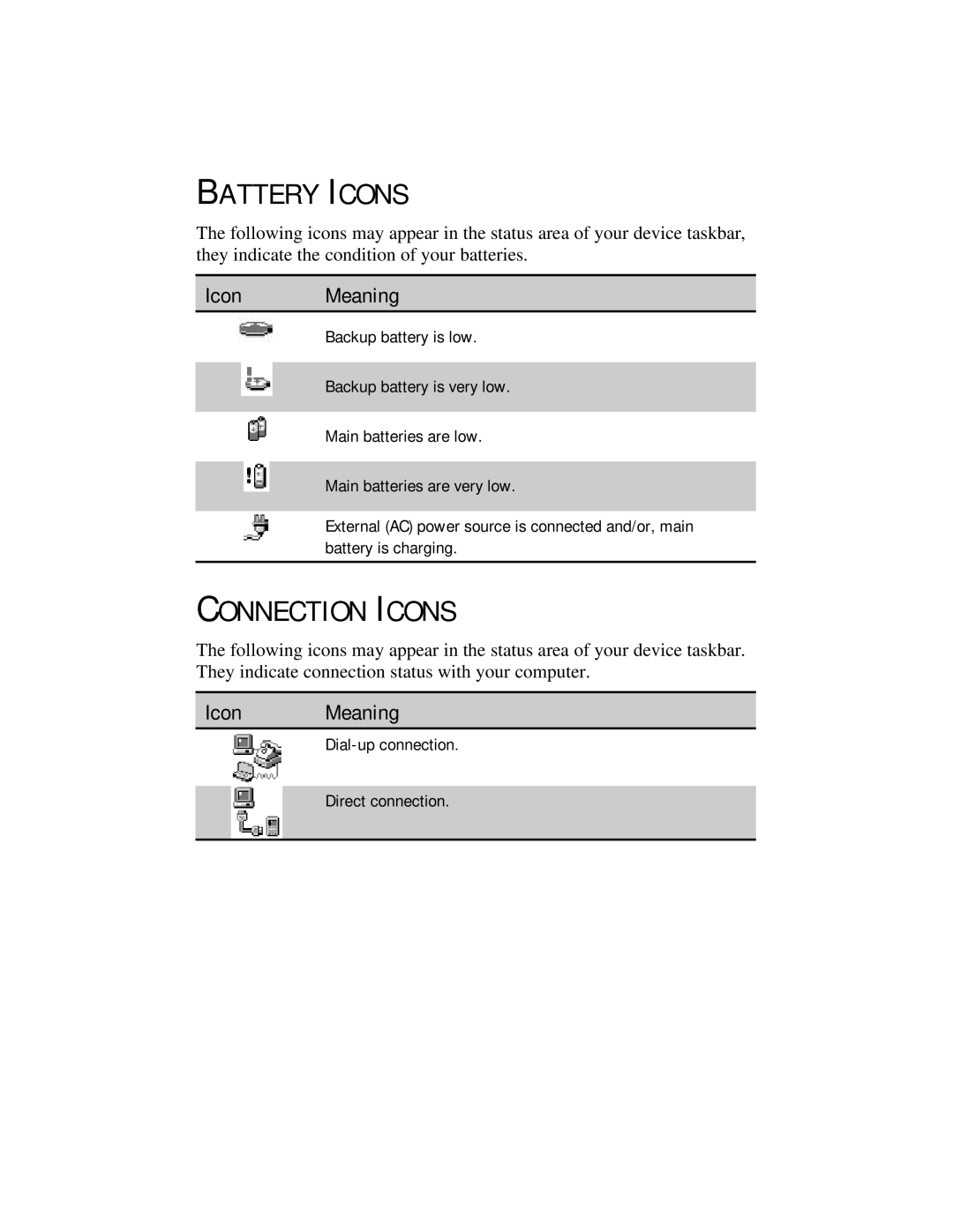 Compaq 2100 manual Battery Icons, Connection Icons 