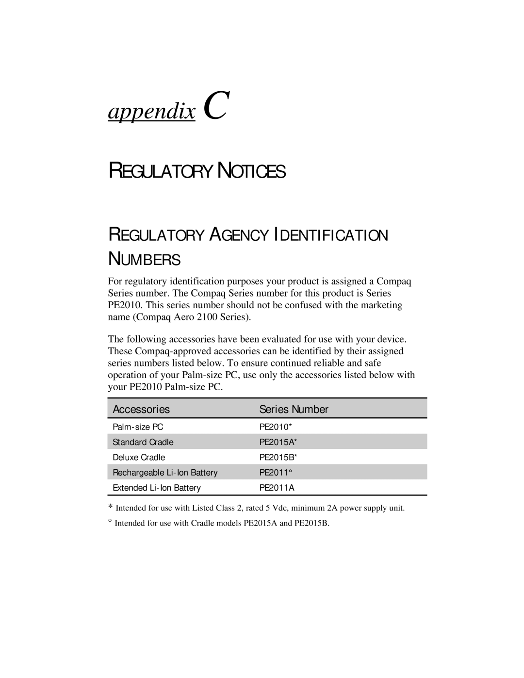 Compaq 2100 manual Regulatory Notices, Regulatory Agency Identification Numbers, Accessories Series Number 