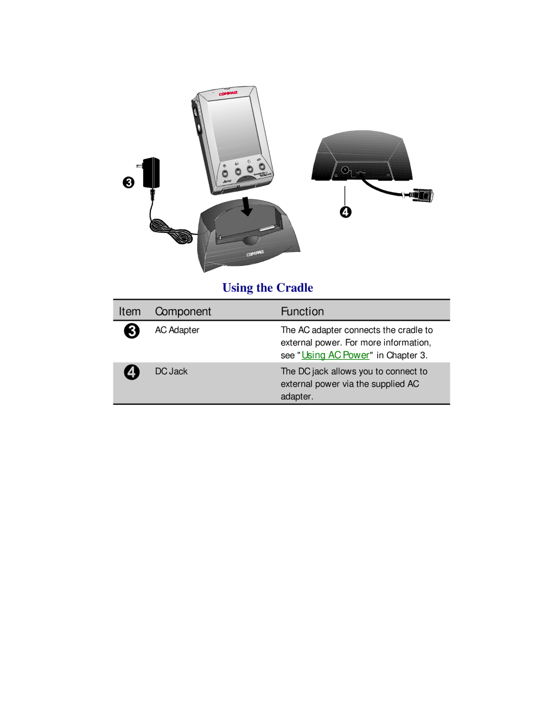 Compaq 2100 manual Using the Cradle, AC Adapter 