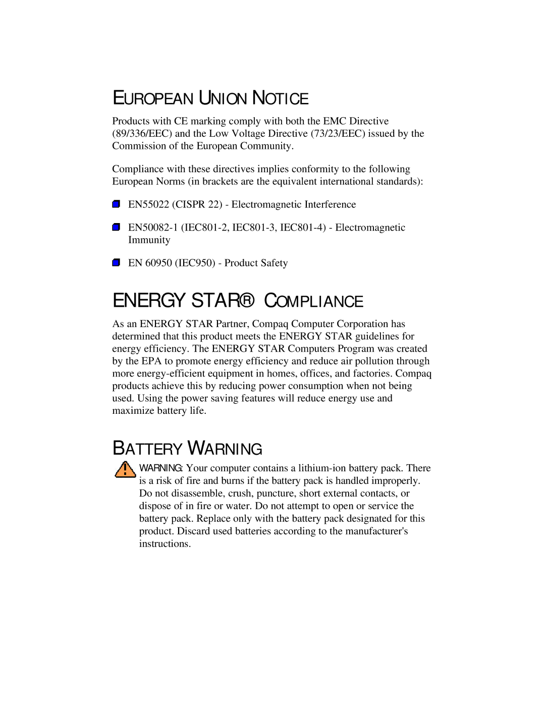 Compaq 2100 manual European Union Notice, Battery Warning 