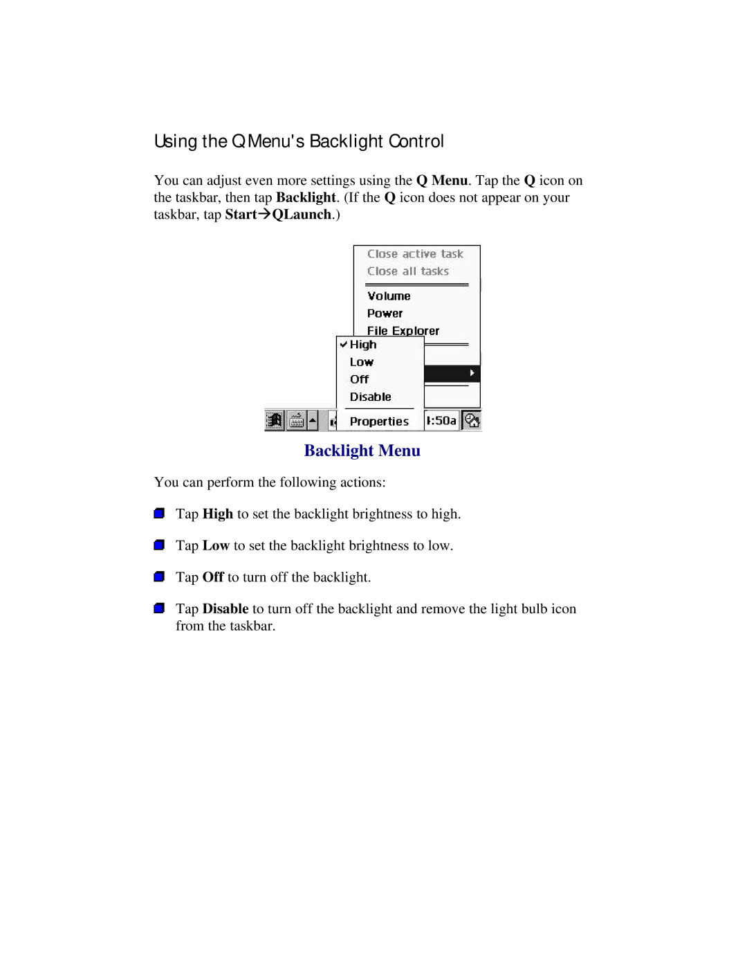 Compaq 2100 manual Using the Q Menus Backlight Control, Backlight Menu 