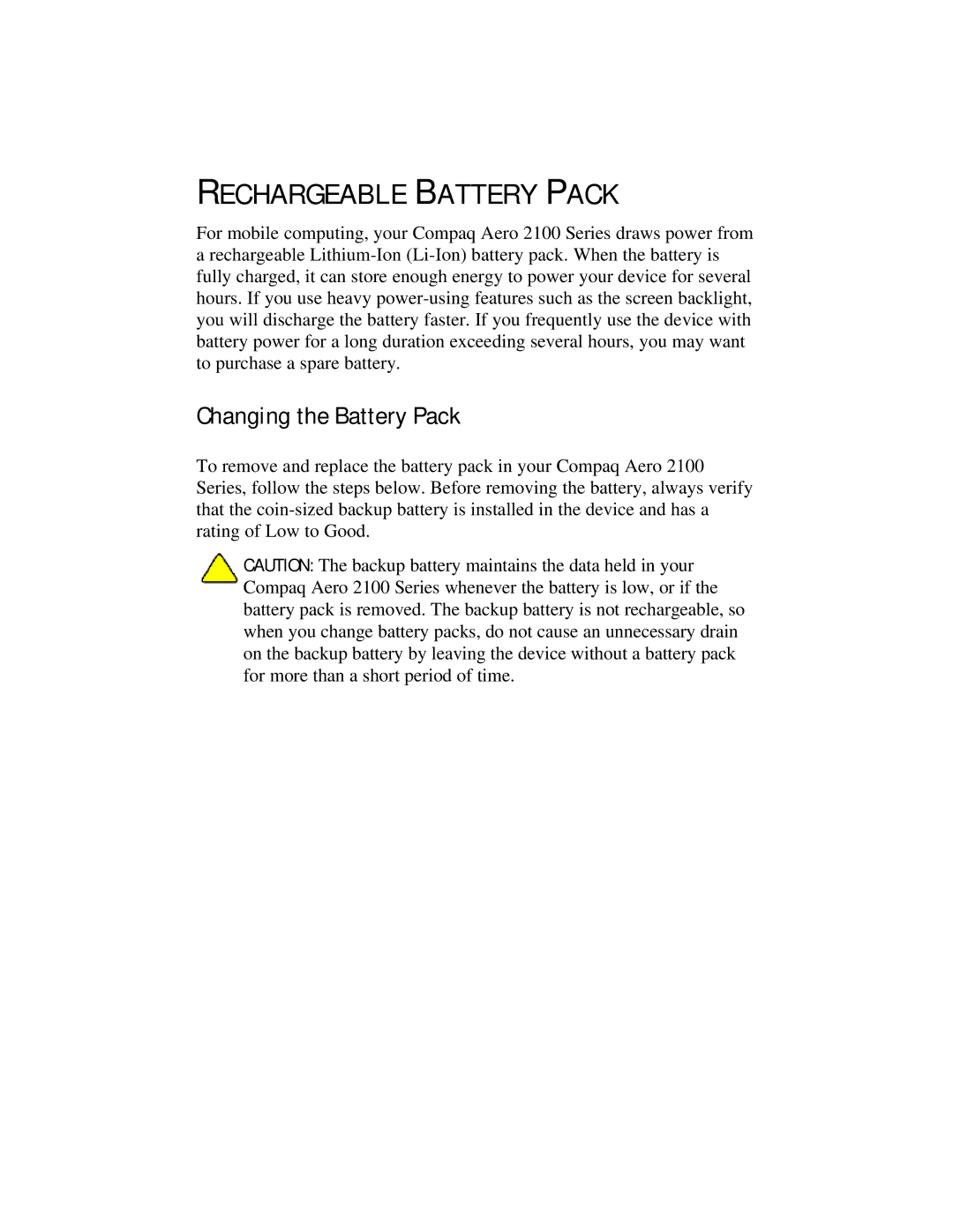 Compaq 2100 manual Rechargeable Battery Pack, Changing the Battery Pack 