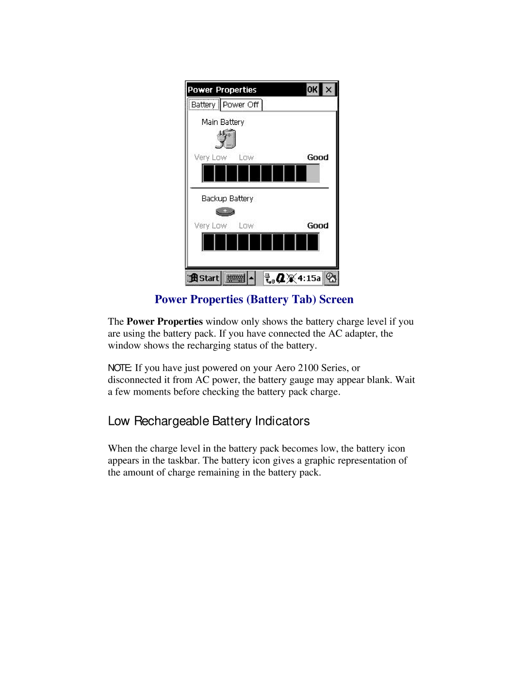 Compaq 2100 manual Low Rechargeable Battery Indicators, Power Properties Battery Tab Screen 