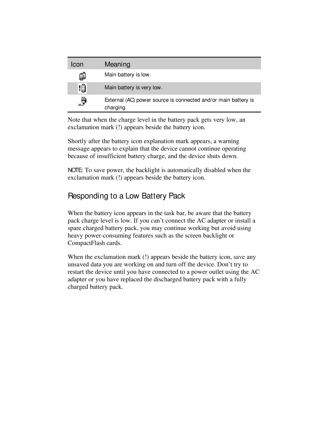 Compaq 2100 manual Responding to a Low Battery Pack, Icon Meaning 