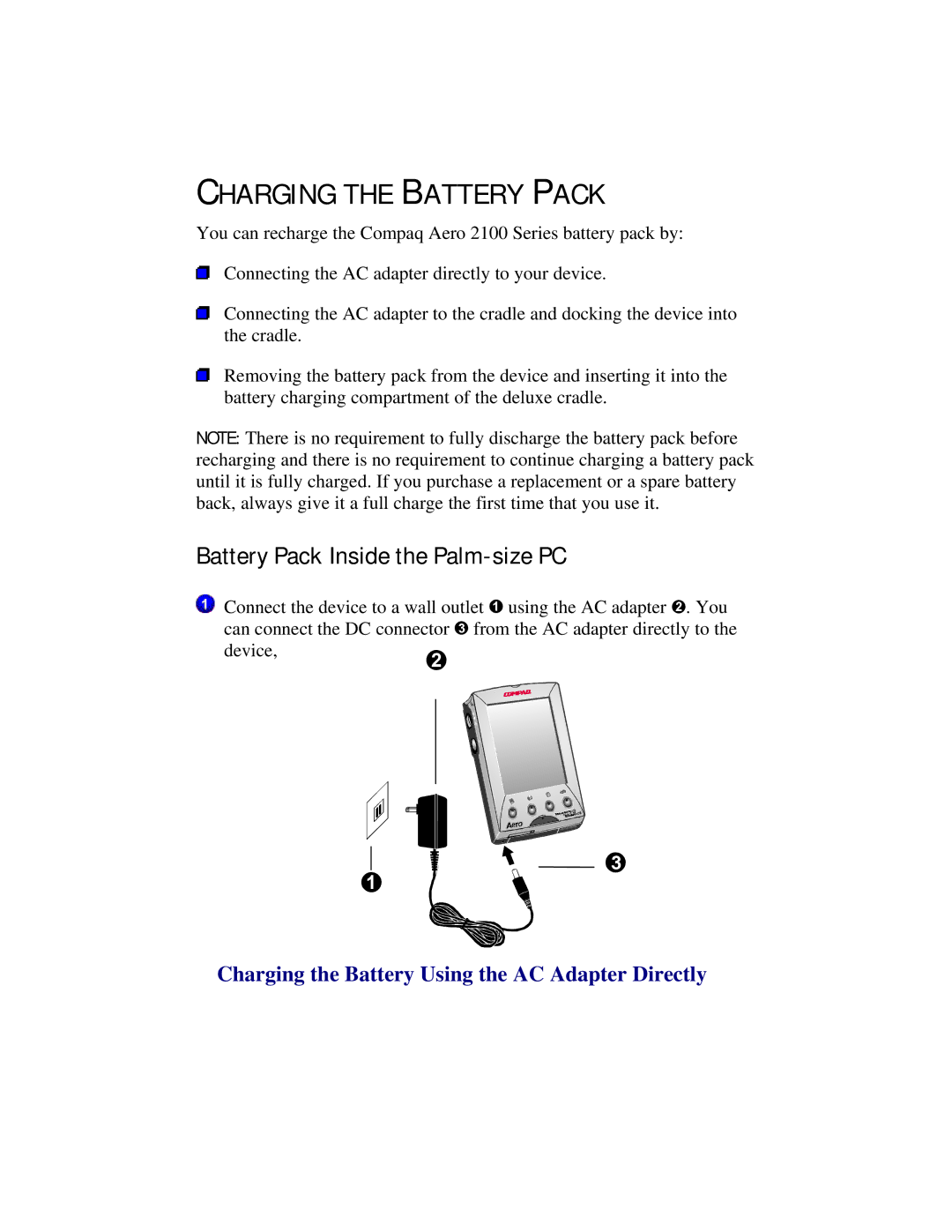 Compaq 2100 manual Charging the Battery Pack, Battery Pack Inside the Palm-size PC 